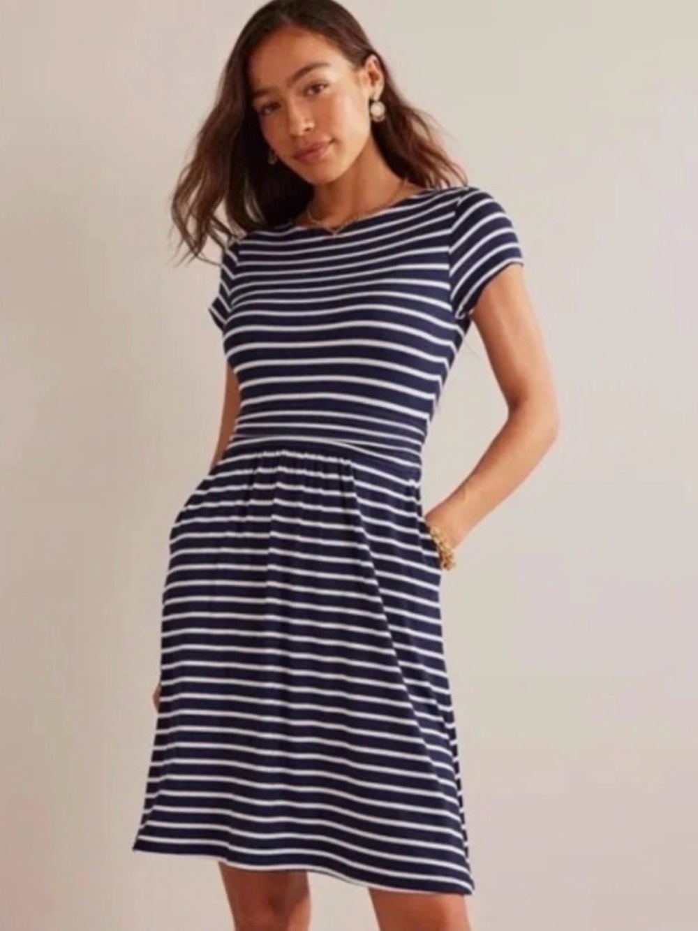 Boden Amelie Striped Navy and White Casual Fit-&-Flare Dress